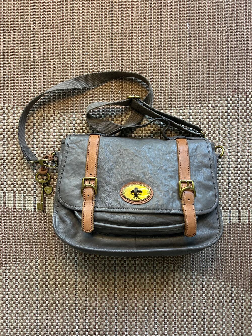 Fossil Long Live Vintage Leather Messenger Bag Grey Satchel Key Issue 54